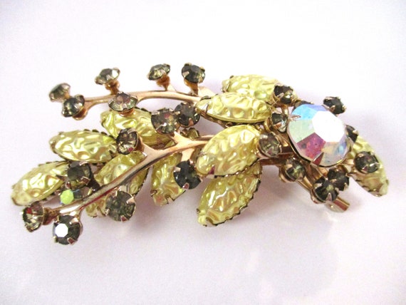 Vintage Brooch Gold Tone, Dappled Yellow Beads Gl… - image 1