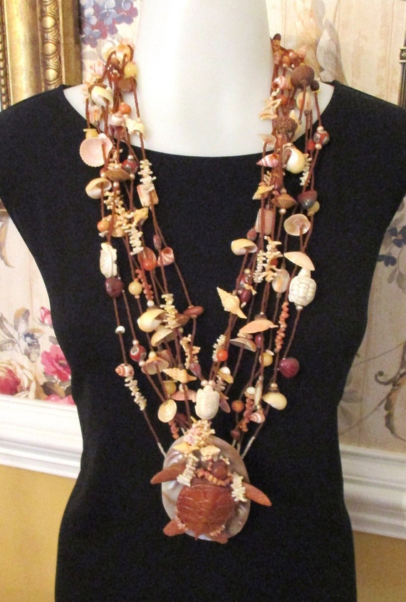 Huge Shell Coral Necklace, 9 Strand, Wooden Sea T… - image 3