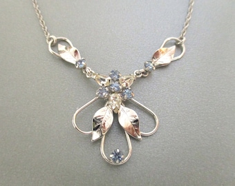 Vintage Sterling Silver Necklace, Pale Blue and Clear Glass Rhinestones, Signed BM Co., Breadner Manufacturing, Purity Stamped "STERLING"