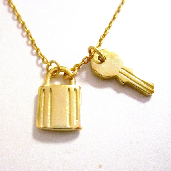 Sterling Silver Vermeil Lock and Key Dainty Necklace, Adjustable Length 15-17" Long, Purity Stamped 925, Gold Color, Stationary Lock