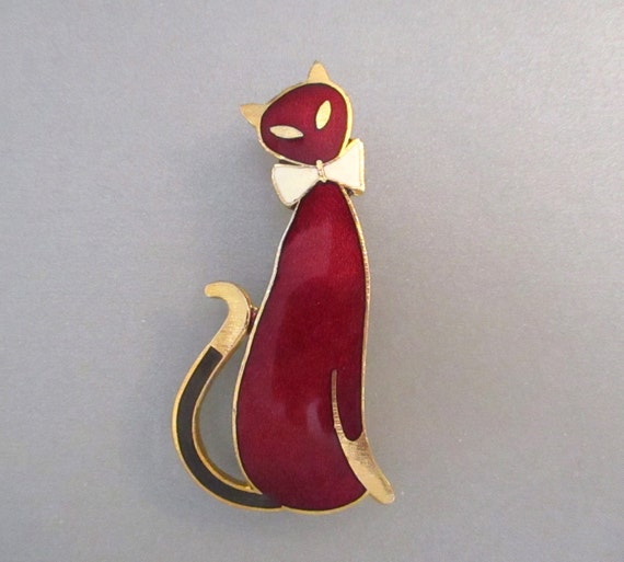 Red Enamel Kitty Brooch, Cat White Bow Collar, Bl… - image 1