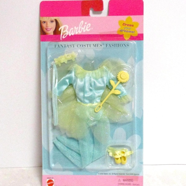 Vintage Barbie Doll Outfit, Fantasy Costumes, Fairy Princess, Flower Headband, Tiara, Wand, Blue Satin, Yellow Tulle, Mattel, 2000
