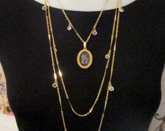 Vintage Goldette Three Strand Necklace with Intaglio Reverse Carved Glass Cupid + Lady Pendant, Signed Clasp, 31" Long, Gold Plated Metal