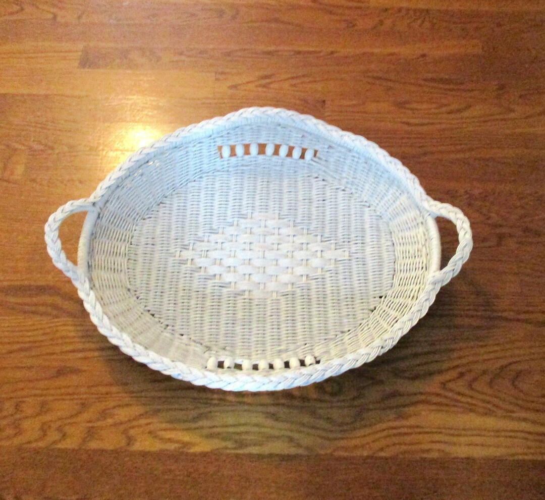 Large Vintage Wicker White Tray Basket, Hard, Wood Bead Beads, Diamond ...