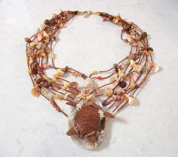 Huge Shell Coral Necklace, 9 Strand, Wooden Sea T… - image 2