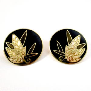 Vintage Edgar Berberi Pierced Earrings, Gold Plated, Black Enamel, Openwork, Leaf Design, Signed, Post Earrings