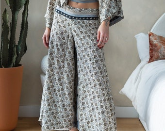 Trendy White Black Print Gold Thread Palazzo Pants | Summer Casual Holidays