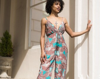 Boho Sleeveless Jumpsuit in Pink and Blue Print