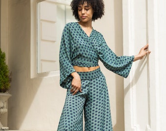 Green and Black Matching Co-ord Pants and Wrap Top Set