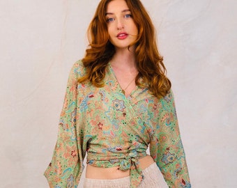 Green Silk Wrap Top With Frill Sleeves,Boho Wraparound Top, Hippie Gypsy Style Top,