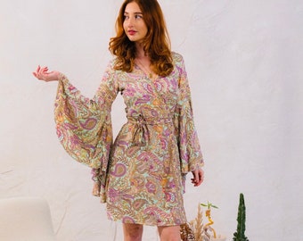 70s Bell Sleeve Short Wrap Dress in Green Purple Print with Gold Thread, Summer Mini Dress