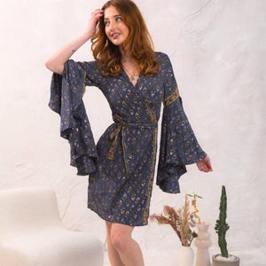 70s Flared  Sleeve Mini Wrap Dress, Retro Vintage Dress, Party Outfit, Bell Sleeve Boho Dress