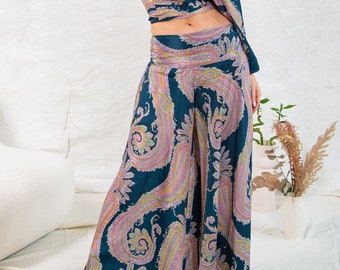 Black Pink Palazzo Pants, Swirl Print- Summer Festival Fashion