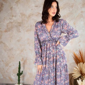 Purple Boho Maxi Dress, Long Sleeve Modest Maxi Dress, Wedding Guest Dress, Goddess Dress