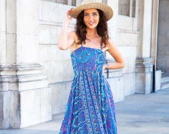 Boho Summer Maxi Dress, Shirred Empire Waist, Strappy Maxi Dress, Blue Sun Dress