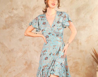 70s Flared Sleeve Mini Wrap Dress: Retro Bell Sleeve Boho Party Outfit -  Etsy