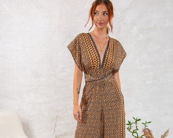 Gouden spiraal converteerbare groene bloemen jumpsuit - Boho wijde pijpen zomer eendelig