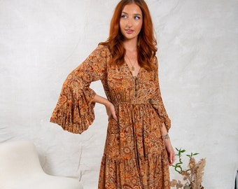 Orange Boho Maxi Dress With Long Sleeves, 70's Style Maxi Dress, Goddess Dress, Winter Maxi Dress