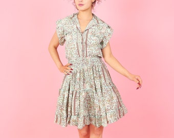 Green and Pink Short Dress With Short Sleeves, Modest Knee Length Dress,