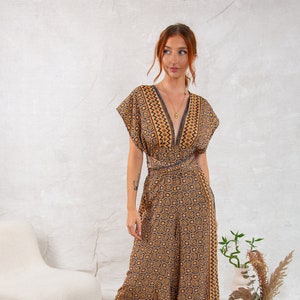 Boho Convertible Jumpsuit – Backless Halter or Cap Sleeve, Wide Leg, Deep V-Neck, Adjustable Waist Tie, Goddess Style