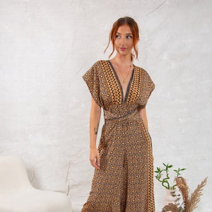 Gold Spiral Convertible Green Floral Jumpsuit Boho Wide-Leg Summer One Piece image 1