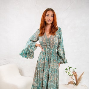 Green Boho Maxi Dress With Long Sleeves, 70's Style Maxi Dress, Goddess Dress, Winter Maxi Dress image 4