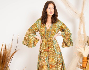 Multi Boho Maxi Dress With Long Sleeves, 70's Style Maxi Dress, Goddess Dress, Winter Maxi Dress