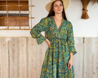 Jasmine Boho Maxi Dress, Long Sleeves, Green and Yellow Abstract Print