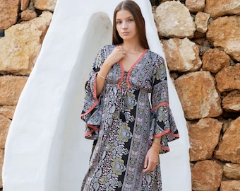 Robe longue de style bohème avec manches cloche, robe de déesse pleine longueur avec manches, robe longue Ibiza, robe longue de style bohème