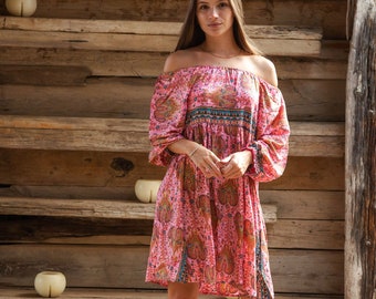 Boho Off-Shoulder Summer Dress in Bright Pink and Green Details, Casual Summer Short Day Dress