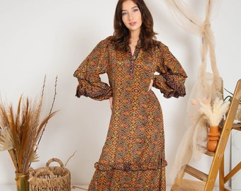 Long Sleeve Boho Maxi Dress - Autumnal Colors - Modest Loose Fit - Button-Down Collar