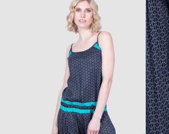 Black Rayon Jumpsuit with Turquoise Panel Accents, Adjustable Straps and Elasticated Back