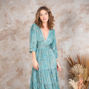 Full Length Green Boho Dress With Sleeves,  Silk Goddess Dress,  Bohemian Style Maxi Dress