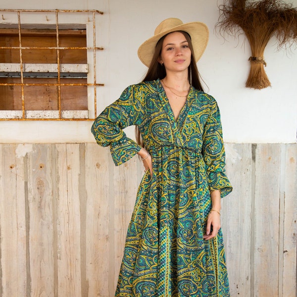 Jasmine Boho Maxi Dress, Long Sleeves, Green and Yellow Abstract Print