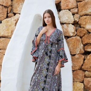 Boho Style Maxi DressWith Bell Sleeves, Full Length Goddess Dress with Sleeves, Ibiza Maxi Dress, Bohemian Style Maxi Dress image 1