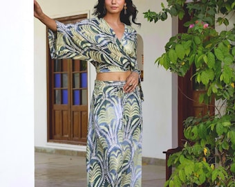 Grönt palmtryckt boho maxikjolset, siden boho set, festivaloutfit för kvinnor, Ibizakläder, gudinnaoutfit, bohokläder
