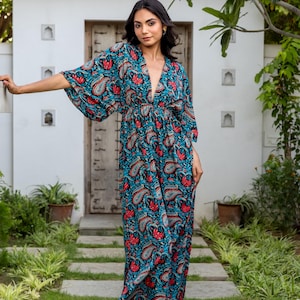 Boho Kaftan Maxi Dress – Blue & Red Paisley Print with Gold, Deep Plunge Front and  Back, Side Splits,  Flowy Fit