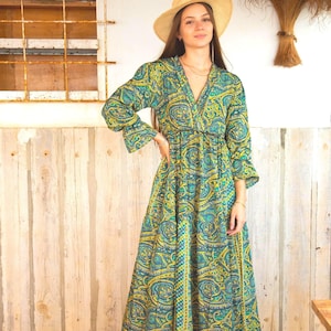 Green Bohemian Maxi Dress , Long Sleeve Modest Maxi Dress, Wedding Guest Dress, Goddess Dress