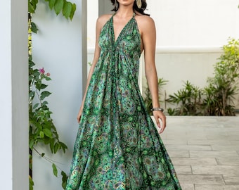 Green Boho Maxi Dress, Silk Blend Infinity Dress, Backless Bohemian Dress, Festival Dress Women, Wedding Guest Dress, Ibiza Clothing