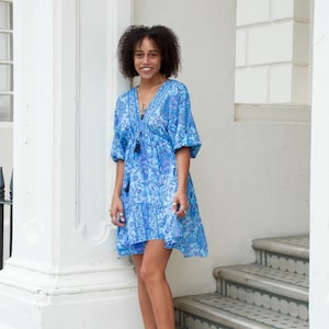 Mini robe turquoise à manches bouffantes, robe d&#39;été en soie bohème, robe à manches cloche
