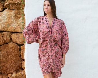 Kimono Style Midi Dress in Hot Pink and Black Print, Summer Casual Dress