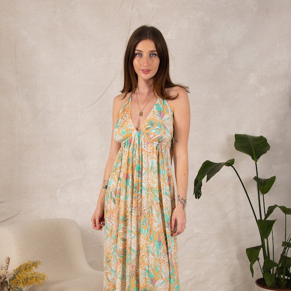 Faye Infinity Halter Maxi Dress in Green Allover Print, Boho GypsyStyle Maxi Dress, Goddess Dress, Ibiza Maxi Dress,