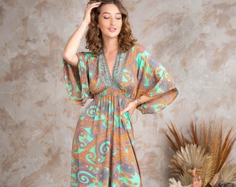 Boho Maxi Dress With Short Sleeves, 70's Style Maxi Dress, Goddess Dress, Summer Maxi Dress, Kaftan