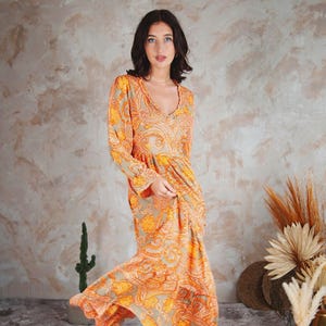 Orange Bohemian Maxi Dress: Open Back Long Sleeve Flowy Dress