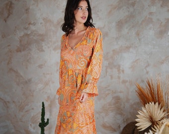 Boho Maxi Dress With Long Sleeves In Orange Allover Print With Cut Out Back, Silk Full Length Dress, 70's Style Occasion Wear