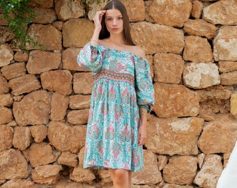 Boho Off-Shoulder Summer Dress in Turquoise, Casual Short Day Dress