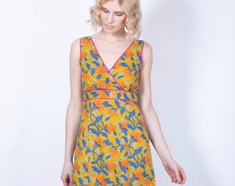 Short Cotton Sun Dress, Marigold Yellow and Blue Floral Print, V-Neckline, Sleeveless