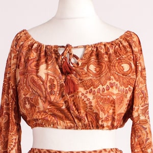 Burnt Orange Boho Off The Shoulder Bardot Crop Top With Long Sleeves, Peasant Blouse In Silk, Top Skirt Set