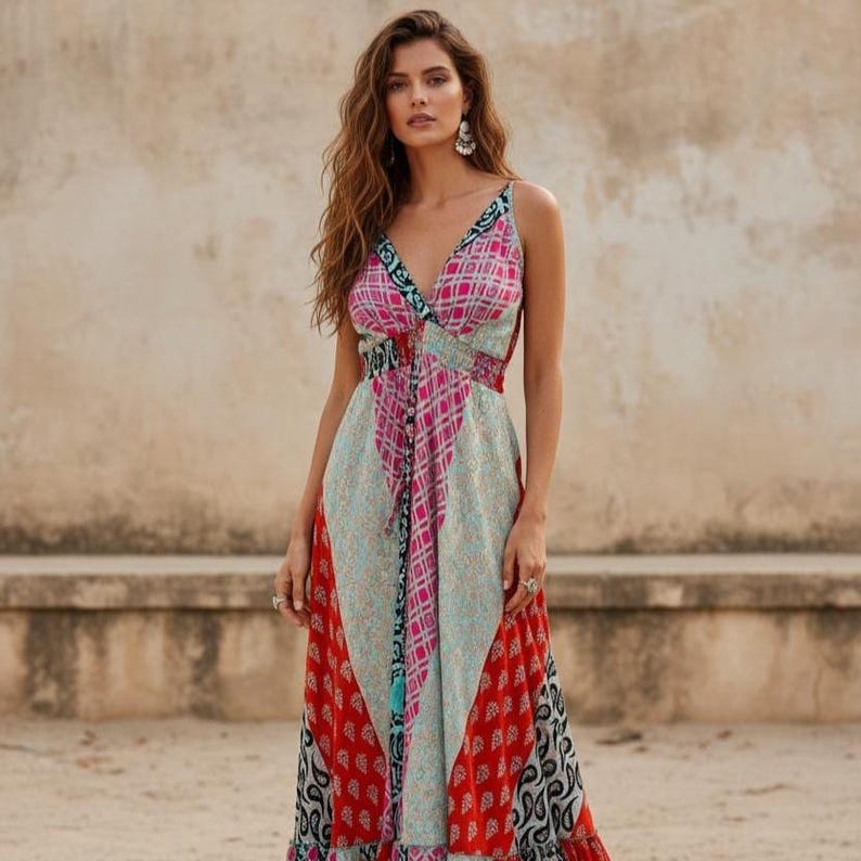 Boho-Patchwork-Maxikleid – Boho-Festivalkleid – Hippie-Sommer-Maxikleid – Farbenfrohes Boho-Strandkleid – Boho-Urlaubskleid Bild 9