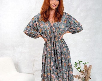 Floral Boho Midi Dress, Deep V Neck Bohemian Dress, Festival Midi Dress Women, Ibiza Summer Dress, Goddess Boho Dress